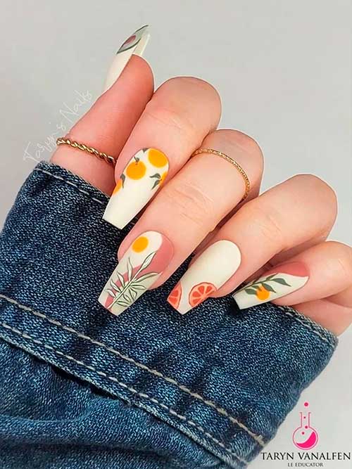 Elegant off white coffin shaped citrus nails design for summer and spring times