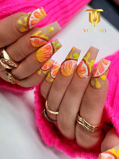Elegant orange slice nails Elegant coffin shaped orange slice nails on nude base color for summer 2022