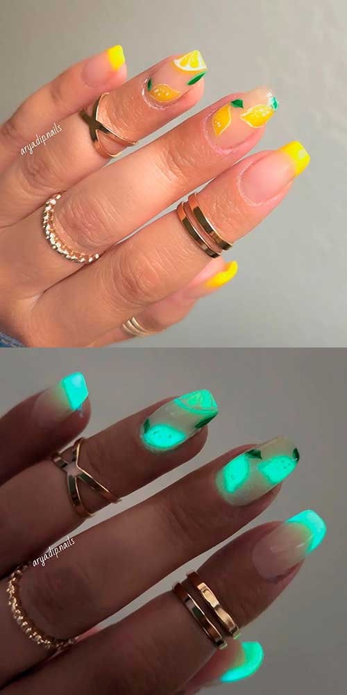 Glow in the dark French citrus nails Glow in the dark French citrus nails