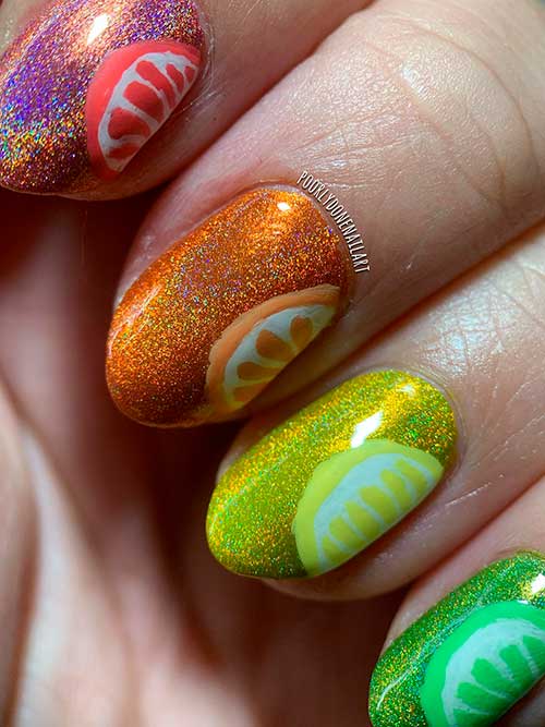 Short holographic multicolored orange, lemon, lime, and blueberries nails for summertime