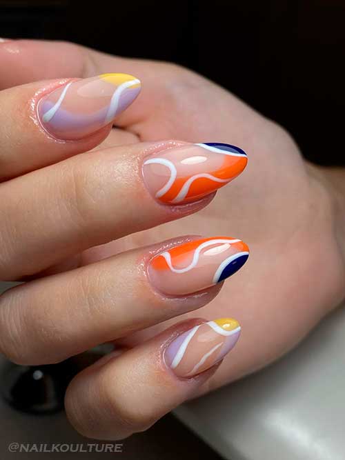 Medium Almond Shaped Irresistible Summer White Swirl Nails with Multicolored Abstract Nail Art