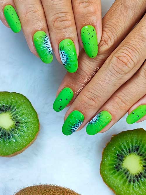 Medium round shaped kiwi nails with water droplets nail art for summer 2022