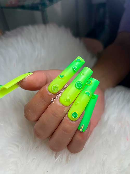 Long square Lime and yellow citrus fruit nails with rhinestones for summertime