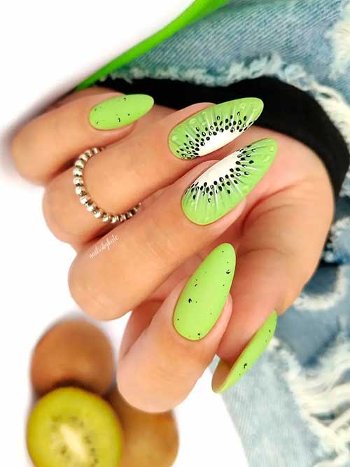 Long almond shaped matte luscious kiwi nail art design for summertime