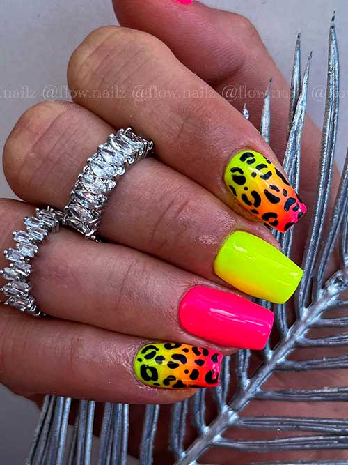 Medium square shaped neon pink and yellow nails with leopard prints for summertime