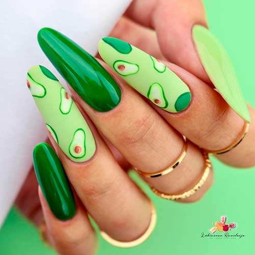 Long pastel and dark green avocado fruit nails for summer 2022