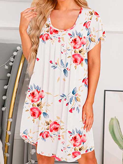 PrinStory Womens Nightgown Comfy Short Sleeve Sleepwear Ladies Nightshirt Soft Scoopneck Pleated Sleepshirt PrinStory Floral Women's Nightgown Comfy Short Sleeve Sleepwear Ladies Nightshirt Soft Scoopneck Pleated Sleepshirt