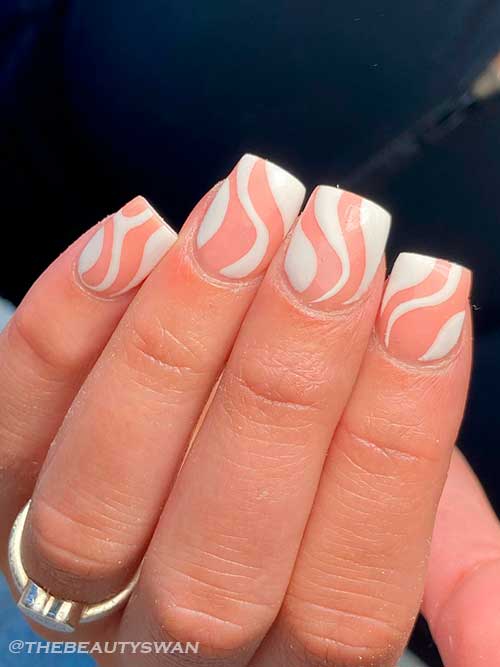 Cute Short Square Shaped Swirl Nails On Nude Pink Base Color