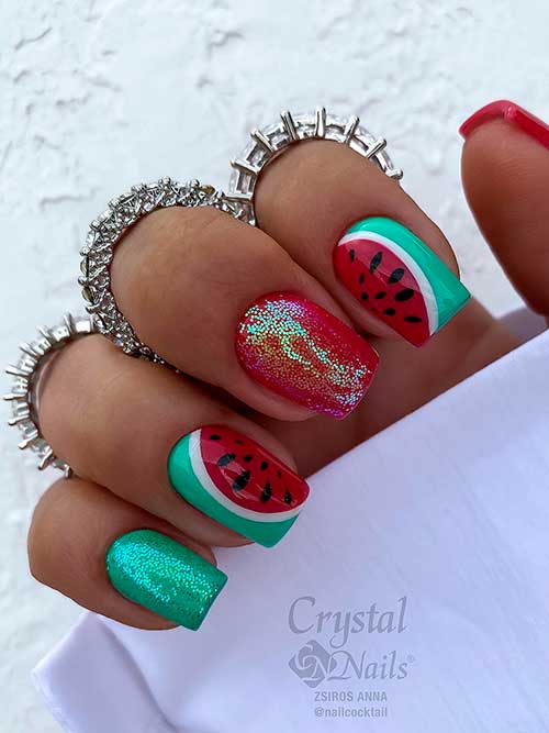 Square Shaped pastel green and red short watermelon nails with glitter for summertime