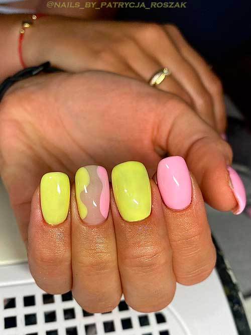 Short square shaped pink and yellow nail design
