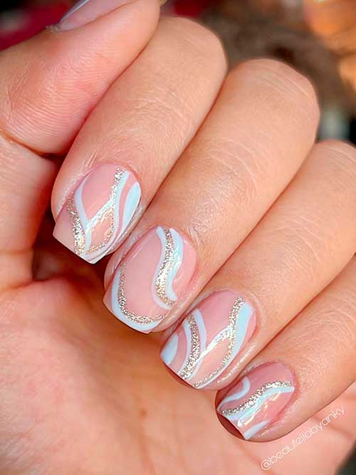 Short White Swirl Nails with Gold Glitter Short Square Shaped Gold Glitter and White Swirl Nails for Summertime