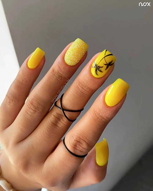 short yellow nails with palms and glitter for summer 2022