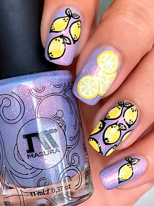 Shimmer purple nails with lemon nail art design Shimmer medium square shaped purple nails with lemon nail art design