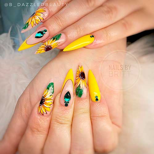 Stiletto yellow nail design with sunflowers and rhinestones for summer 2022