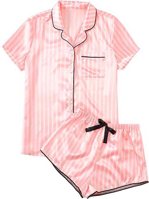 WDIRARA Women's Sleepwear Satin Short Sleeve Shirt and Shorts Pajama Set WDIRARA Pink with Striped White Women's Sleepwear Satin Pajamas for Women