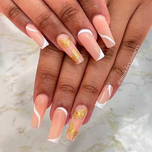 Long Coffin White Swirl Nail Design with Gold Butterflies for Summer 2022