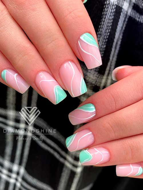 Square Shaped White Swirl Nails with Pastel Green Abstract Nail Art