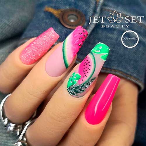Coffin Shaped watermelon nail art with glitter for Summer 2022