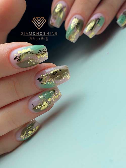 Medium Square Shaped Abstract Olive Green Nails with Gold Foil Flakes on Nude Base Color