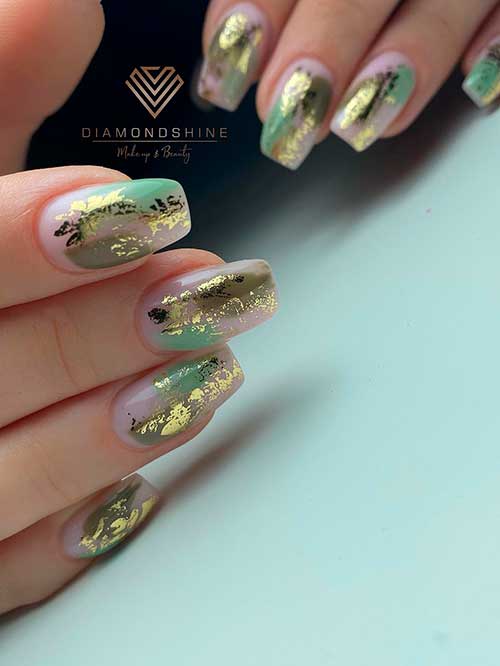 Medium Square Shaped Abstract Olive Green Nails with Gold Foil Flakes on Nude Base Color Medium Square Shaped Abstract Olive Green Nails with Gold Foil Flakes on Nude Base Color
