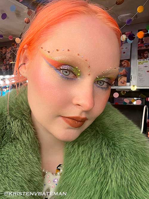 Autumnal makeup look with bleached brows, gems, and dark nude lip color Autumnal makeup look with bleached brows, gems, and dark nude lip color
