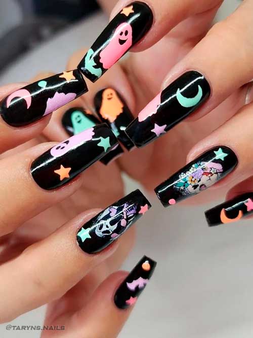 Black Halloween Nails with Glowing Ghosts Coffin Shaped Black Halloween Nails with Glowing Ghosts