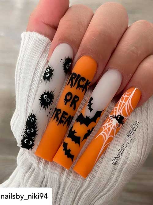 Long Square Shaped Black and Burnt Orange Halloween Nails 2022