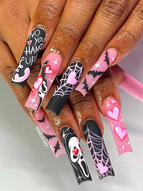 Long Square Shaped Black and Pink Halloween Nails features spider web nail art, scary ghost face, and bats
