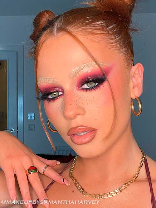 Bleached brows, smokey eyes, matte fuchsia eyeshadow, and nude color lips Bleached brows, smokey eyes, matte fuchsia eyeshadow, and nude color lips