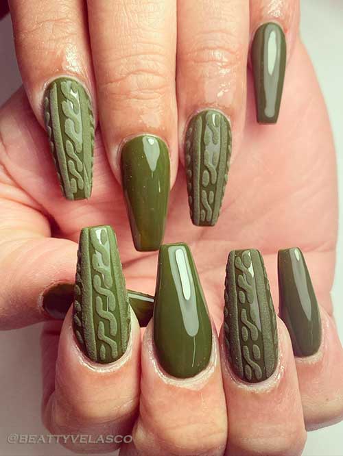 Long Coffin Olive Green Nails with 3D Plaid Accent Nails