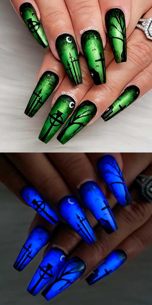 Coffin Shaped Glow in the dark Cemetery Nails 2022