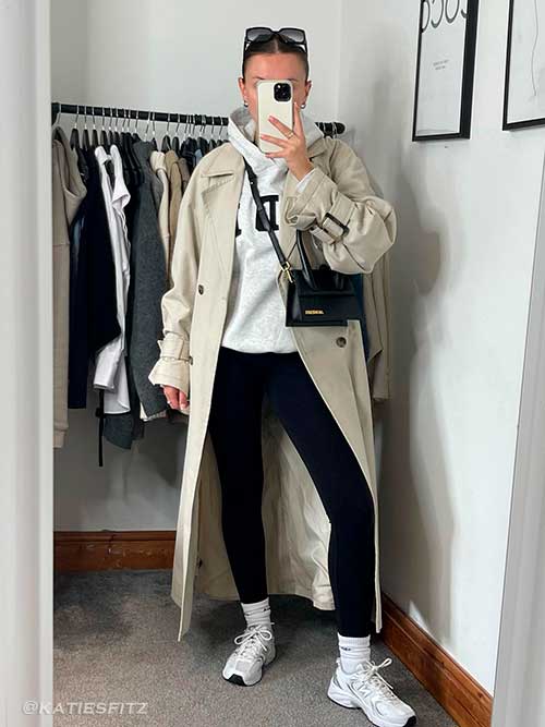 Comfy Fall Look - Leggings, Socks, Hoodie, Trench Coat and Trainers