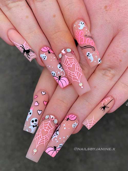 Cute Pink Halloween Themed Nails with Rhinestones