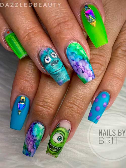 Coffin Shaped Cute Monsters Nails for Halloween 2022