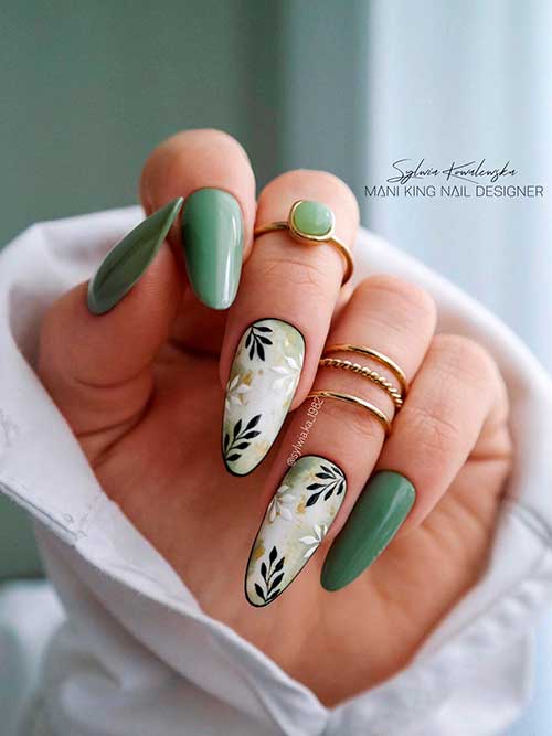 Cute almond shaped olive fall leaf nails 2022