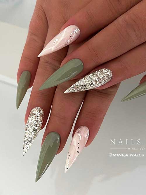 Glossy Olive Green Stiletto Nails with Marble and Silver Glitter Accent Nails