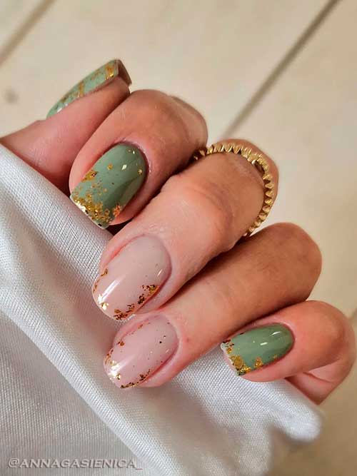 Glossy Nude and Olive Green Nails Medium Square Glossy Nude and Olive Green Nails with Gold Foil Flakes for Fall 2022