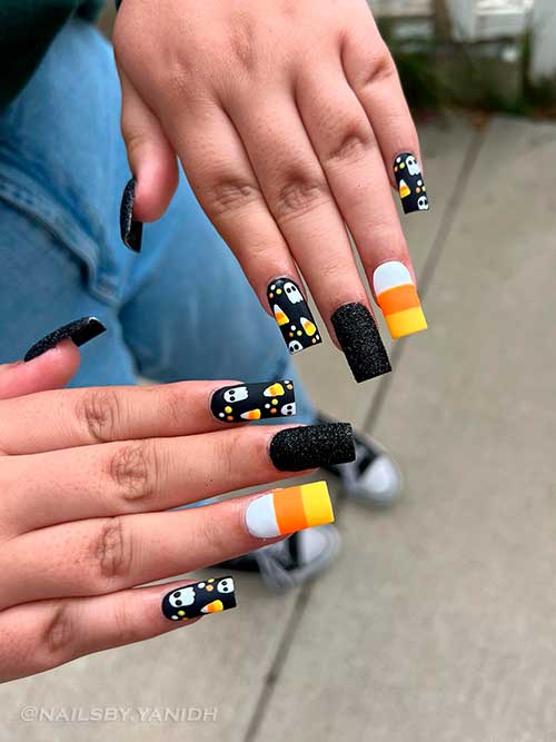 Medium Square Black Halloween Nails with Ghosts and Candy Corn