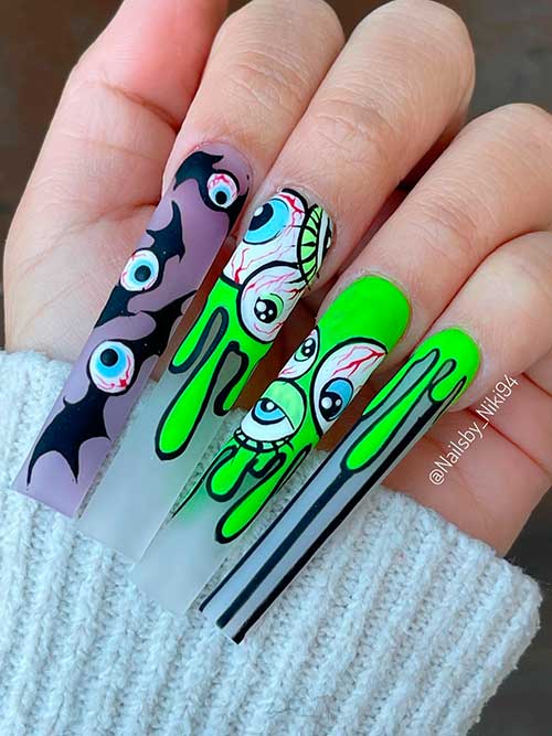 Long Square Shaped Cute Halloween Nails 2022 with Evil Eyes, Bats, and Stripped Accent Nail