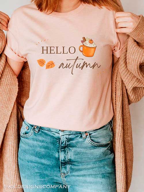 Hello autumn, fall tee-shirt with cardigan and women's blue jeans - Extend summer outfits into fall