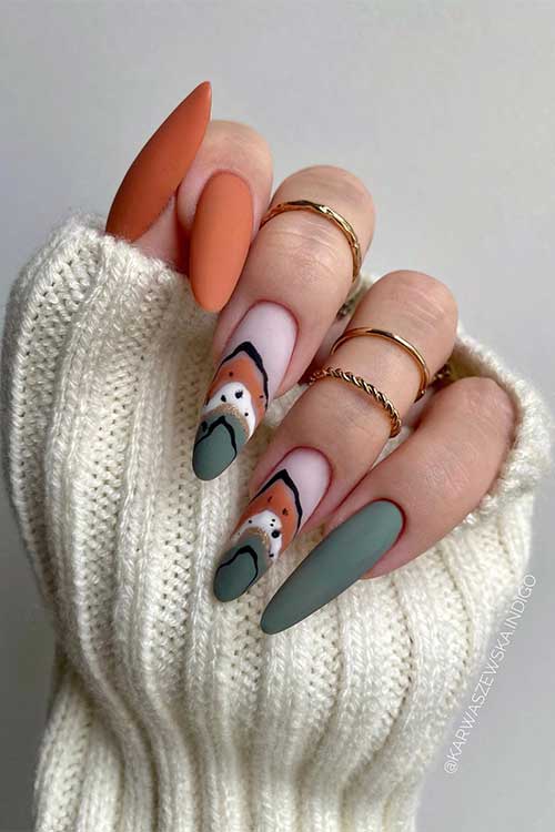 Long Almond shaped Matte Olive and Burnt Orange Nails with Abstract nail art on Two Accent Nails are Perfect Fall Nails