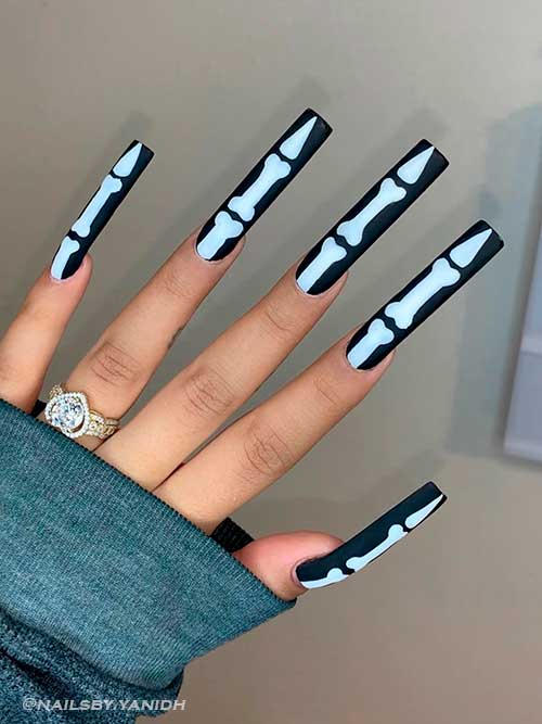 Long Black and White Halloween Skeleton Nails 2022