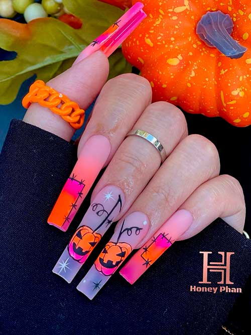 Long Square Shaped Cute Pumpkin Nails for Halloween 2022