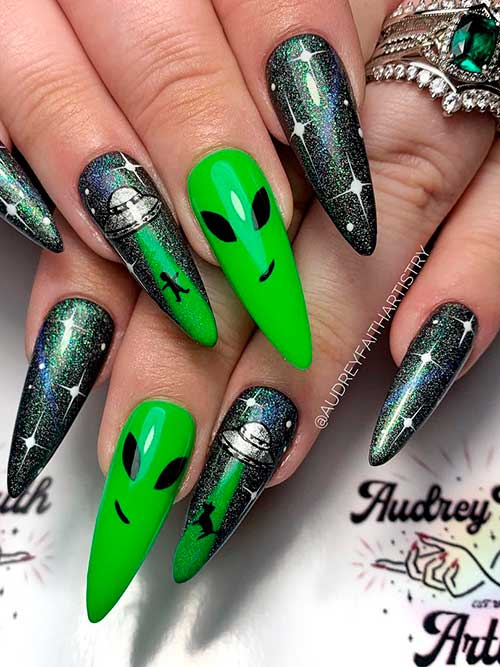 Long Stiletto Glitter Black Nails and Green Halloween Alien Nails 2022