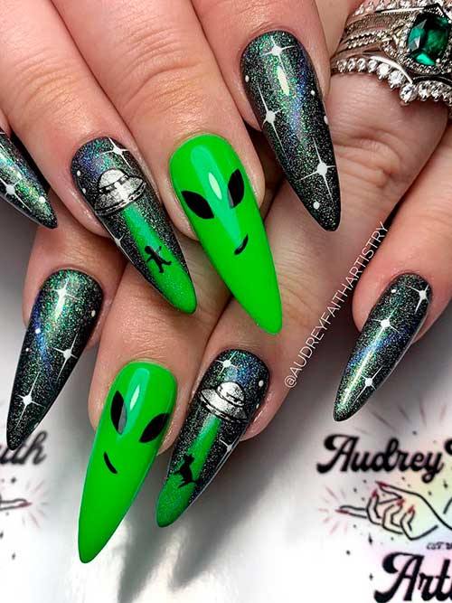 Long Stiletto Glitter Black Nails and Green Halloween Alien Nails 2022 Long Stiletto Glitter Black Nails and Green Halloween Alien Nails 2022