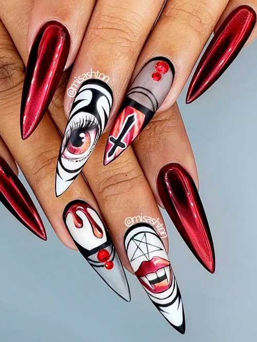 Long Stiletto Vampire Teeth Halloween Nails 2022