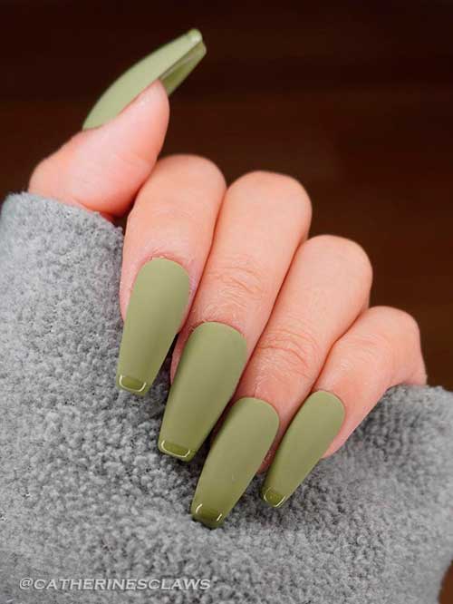Long Matte Olive Green Coffin Nails with Glossy French Tips