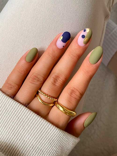 Short Matte Olive Green Nails with Two Abstract Accent Nails Consist of Navy, Gold, Olive, and Nude Pink Colors
