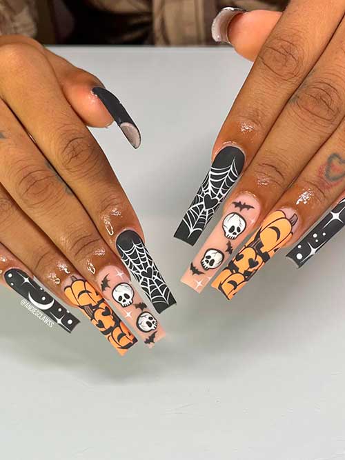 Long Coffin Shaped Matte Orange and Black Spooky Nails 2022