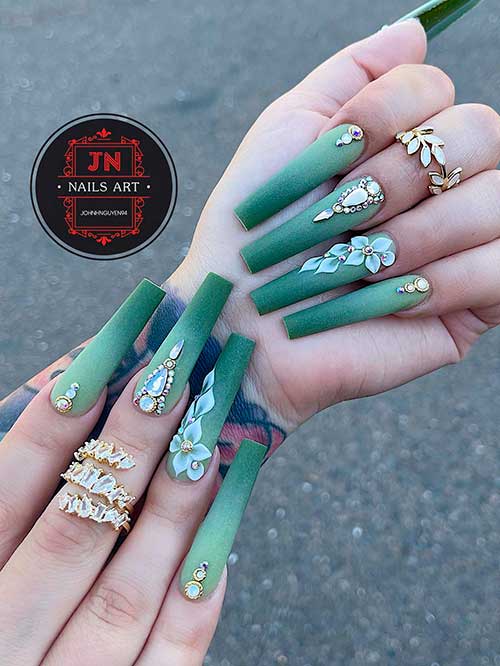 Matte ombre olive nails with rhinestones Long coffin shaped matte ombre olive nails with gold rhinestones and leaf nail art on accent nail